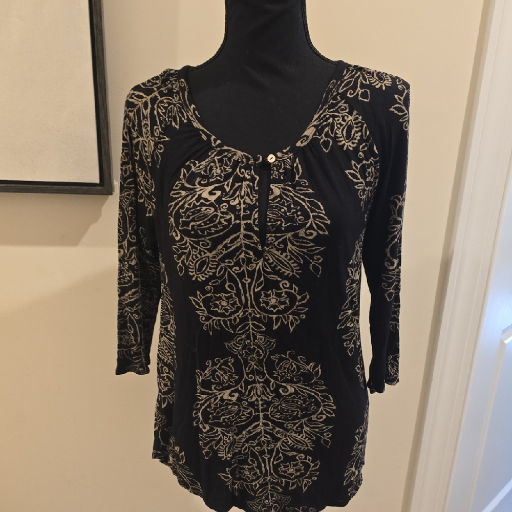 Lucky Brand Black and Cream Patterned Blouse